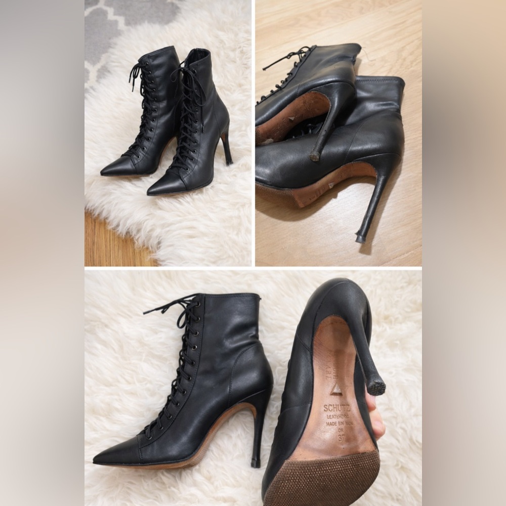 SCHUTZ Black Lace-Up Leather Heeled Boots